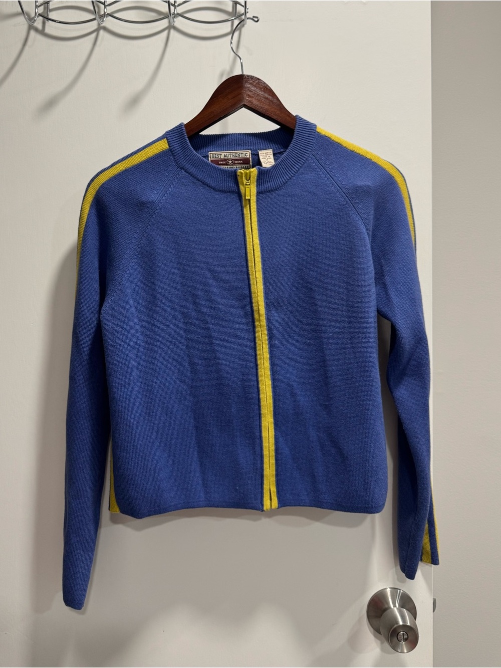 Blue and Yellow Zip-Front Knit Cardigan Sweater